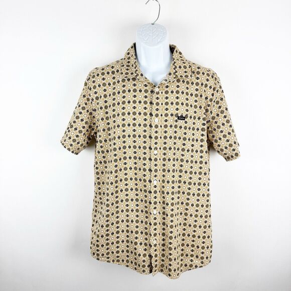 RVCA Shirt Mens Large Black Brown Floral Regular Fit Short Sleeve Button Down LG - Picture 1 of 16